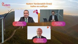 Aydem Yenilenebilir Enerji AŞ'nin son 3 yılın en büyük halka arzına hazırlandığı bildirildi. Aydem Yenilenebilir Enerji AŞ halka arz süreciyle ilgili bilgi vermek amacıyla Aydem Enerji Üst Yöneticisi ve Aydem Yenilenebilir Enerji Yönetim Kurulu Başkanı İdris Küpeli (üstte solda), Aydem Enerji CFO’su ve Aydem Yenilenebilir Enerji Yönetim Kurulu Üyesi Galip Ayköse (altta) ve Aydem Yenilenebilir Enerji Genel Müdürü Ömer Fatih Keha’nın (üstte sağda) katılımıyla çevrimiçi bir basın toplantısı düzenledi. ( Aydem Yenilenebilir Enerji AŞ - Anadolu Ajansı )