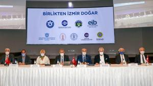 İzmir iş dünyası tarafından başlatılan "Birlikten İzmir Doğar" kampanyasıyla depremde yaşamını yitirenlerin ailelerinin ev sahibi yapılması hedefleniyor. İzmir'de iş dünyası örgütlerinden yöneticilerin katılımıyla İzmir Ticaret Odasında (İZTO) "Birlikten İzmir Doğan" başlıklı kampanyayla ilgili tanıtım toplantısı düzenlendi. Toplantıya İzmir Valisi Yavuz Selim Köşger (sağ 4) İZTO Yönetim Kurulu Başkanı Mahmut Özgener (sol 4) ve Ege Bölgesi Sanayi Odası (EBSO) Yönetim Kurulu Başkanı Ender Yorgancılar (sağ 3) İzmir Ticaret Borsası (İTB) Yönetim Kurulu Başkanı Işınsu Kestelli (sol 3) Ege İhracatçı Birlikleri (EİB) Koordinatör Başkanı Jak Eskinazi (sağ 2) katıldı.  ( Yusuf Şahbaz - Anadolu Ajansı )