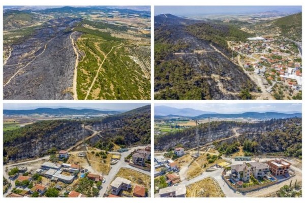 YANAN ORMANLIK ALAN HAVADAN GÖRÜNTÜLENDİ