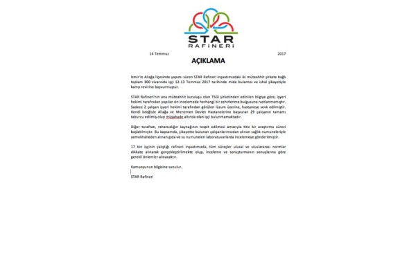 ZEHİRLENME İDDİALARINA STAR RAFİNERİSİ’NDEN AÇIKLAMA