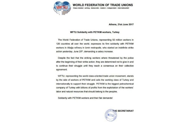 PETKİM İŞÇİSİNE ULUSLARARASI DESTEK