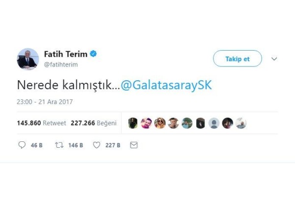 FATİH TERİM TWEET ATARAK DÖNDÜ